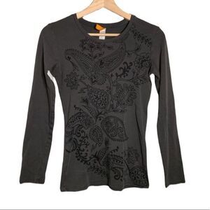 Lucy Paisley Floral Print Athleisure Top Womens Size S Long Sleeves Cotton Gray